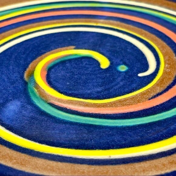 Earthworks Barbados WestIndies Red Clay Pottery Blue Multi Swirl Bowl & Plate - Picture 13 of 16